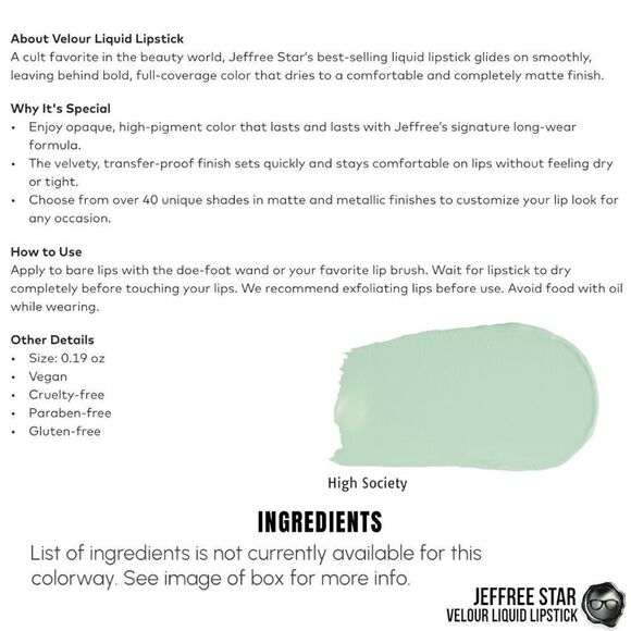 JEFFREE STAR VELOUR LIQUID LIPSTICK IN HIGH SOCIETY PASTEL MINT GREEN LIPCOLOR - Picture 12 of 15